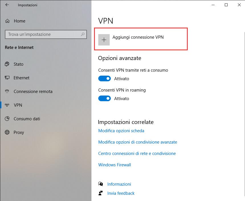 Creare VPN con Windows 10